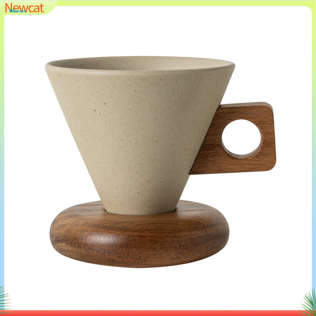 Vintage Coffee Mug Ergonomic Wooden Handle Ceramic with Saucer – Unique Conical Tea Cup Stable Design Perfect Gift for