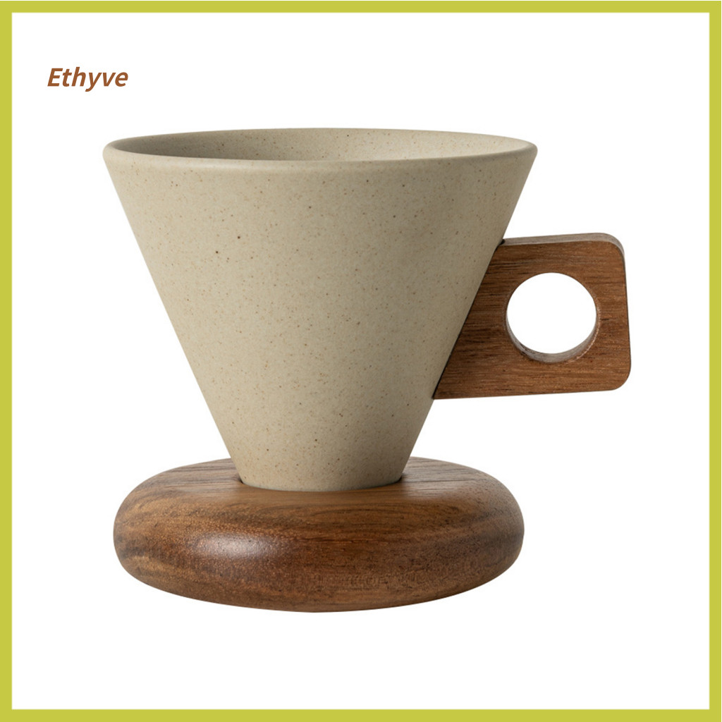 Wooden Handle Coffee Cup Cone Shaped Vintage Ceramic Mug with Saucer – Unique Conical Tea Stable Design Perfect Gift f