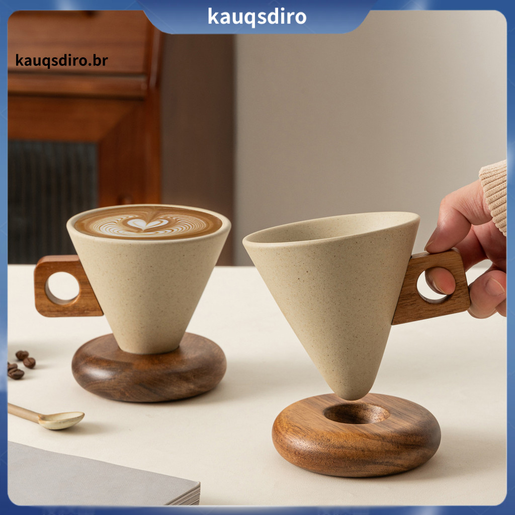 Vintage Coffee Mug Stable Set Ceramic with Wooden Handle Saucer – Unique Conical Tea Cup Design Perfect Gift for Lover