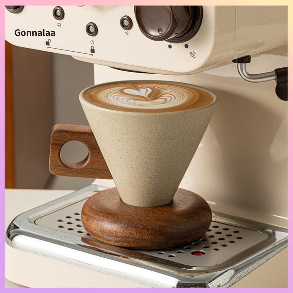 Vintage Ceramic Coffee Mug with Wooden Handle Saucer – Unique Conical Tea Cup Stable Design Perfect Gift for Lovers in