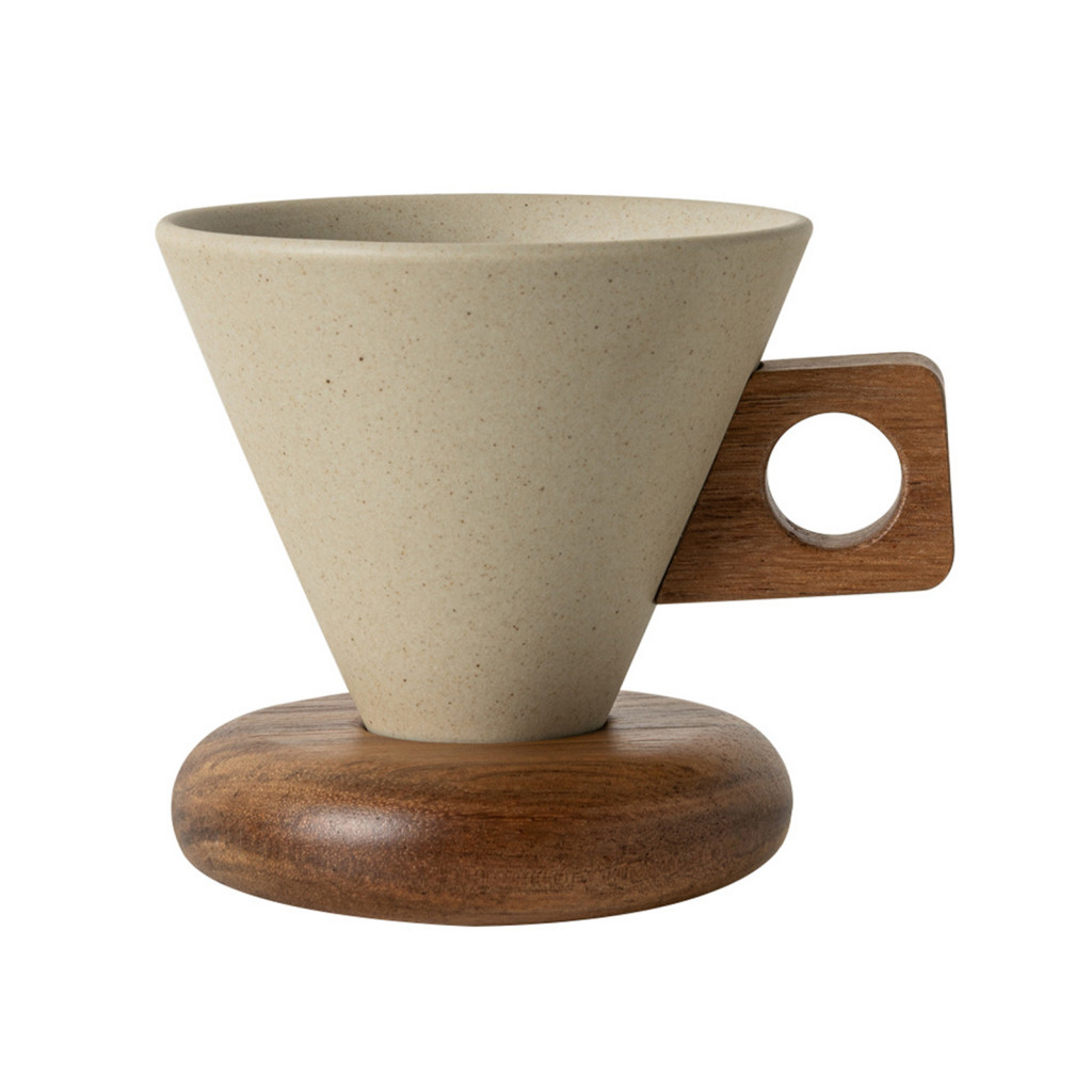 Vintage Ceramic Coffee Mug with Wooden Handle Saucer – Unique Conical Tea Cup Stable Design Perfect Gift for Lovers So
