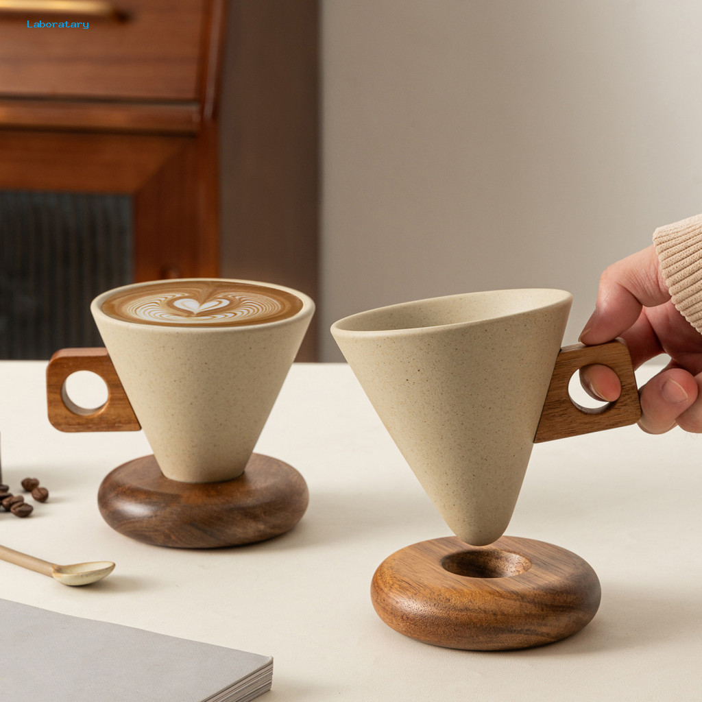 Ergonomic Wooden Handle Mug Vintage Coffee Ceramic with Saucer – Unique Conical Tea Cup Stable Design Perfect Gift for