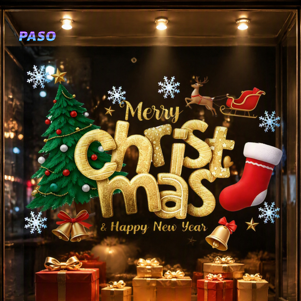 Christmas Window Clings Festive Decorations Merry Sticker Removable Static Cling Decal Waterproof Pvc Tree Bell Pattern