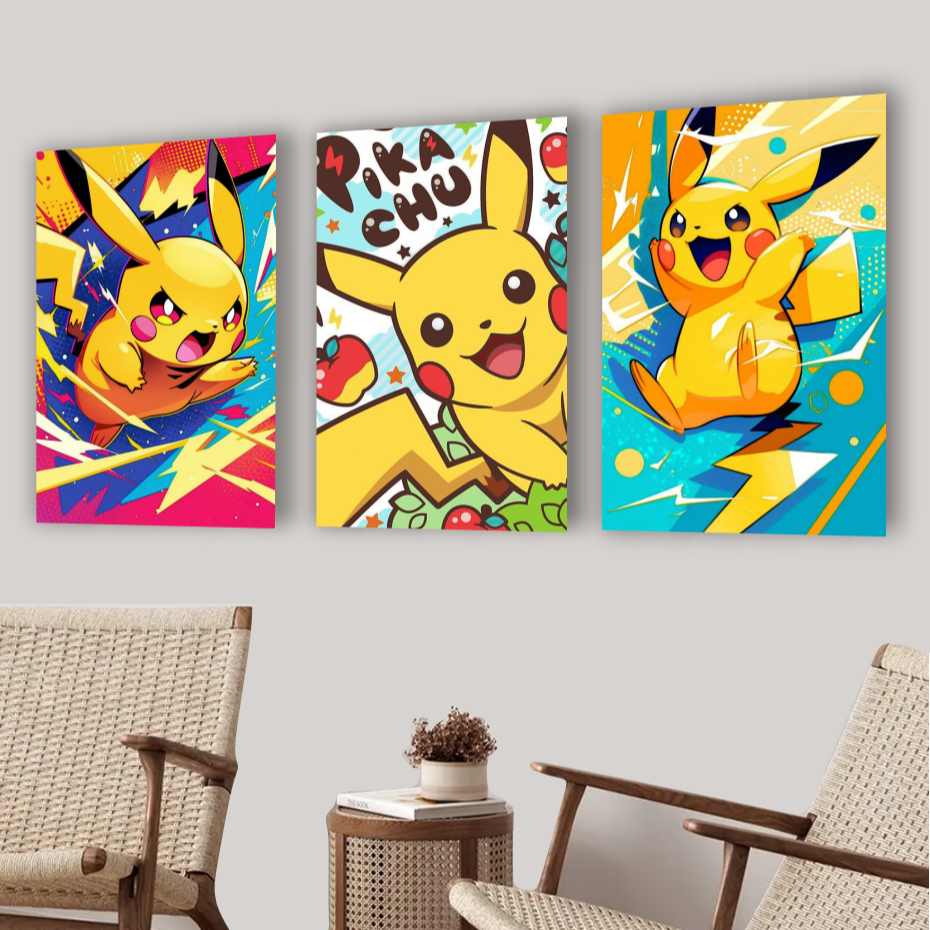 Quadro Decorativo Pikachu Raichu Pichu Pokemon Anime Desenho Para Parede Decoração Quarto 3 peças