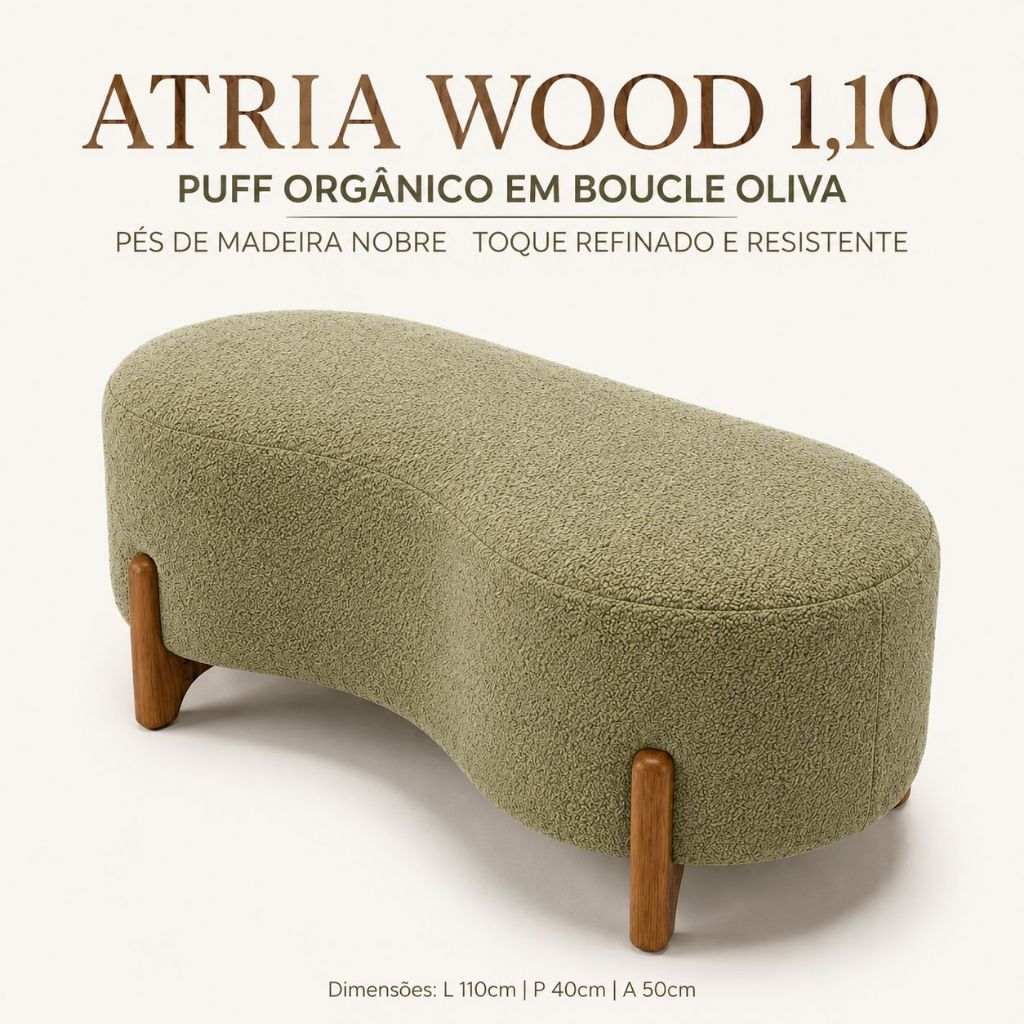 Puff Atria Wood 1,10m em Verde Oliva Premium • Design Orgânico Contemporâneo • Sofisticação Natural para Ambientes Exclu