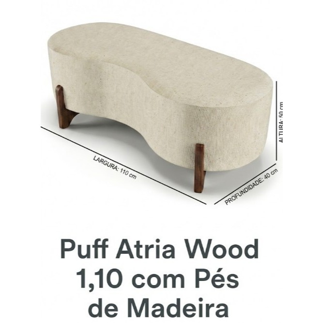 🛋️ Puff Atria Wood 1,10m em Linho Premium | Pés em Madeira Natural & Design Orgânico Moderno