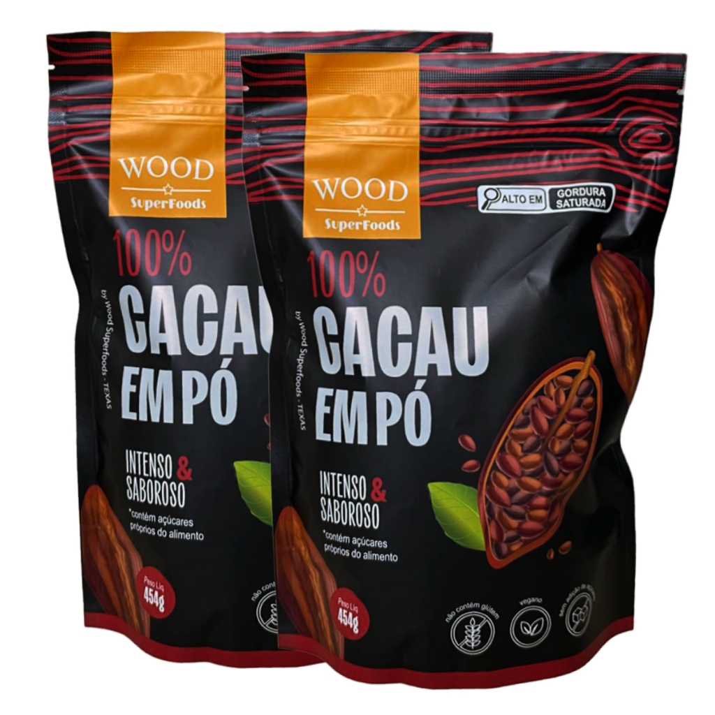 Kit 2 Cacau Em Pó Alcalino Natural 100% Cacau 454g - Wood Superfoods