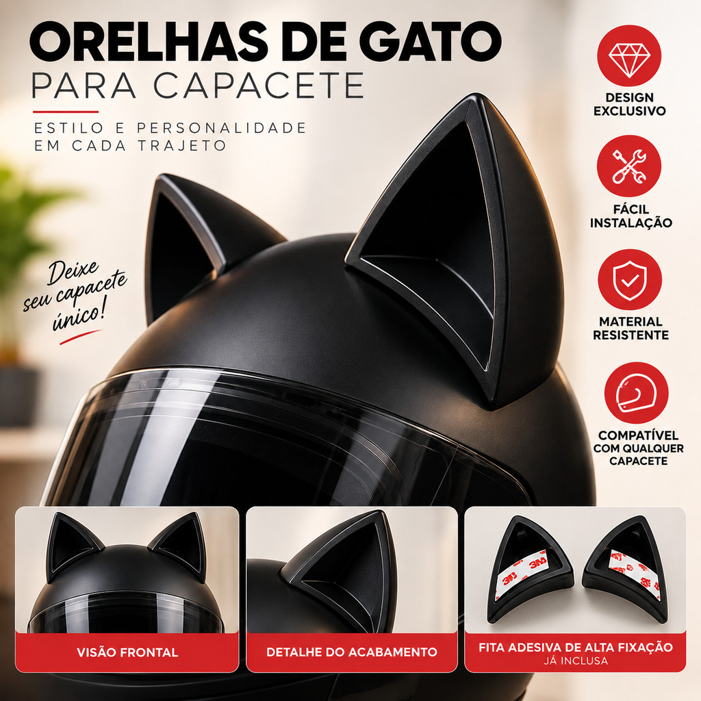 Orelhas de Gato Para Capacete Moto Bike Acessório Dupla Face Fixação Universal Estilo Personalizado Feminino