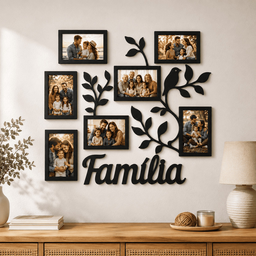 Mural Porta Fotos Família MDF 7 Fotos 10x15 com Galhos e Pássaros Decorativo de Parede 3 Cores