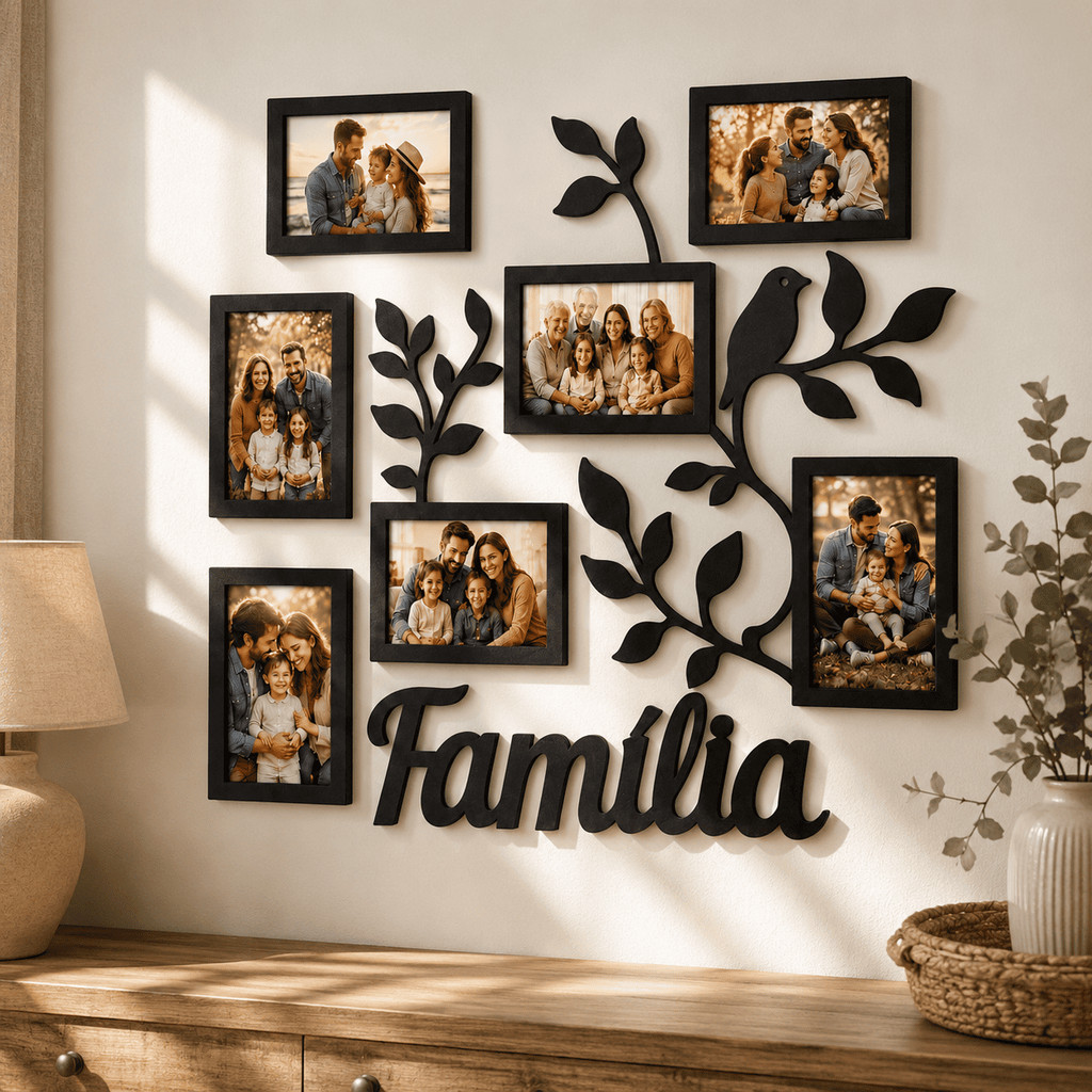 Porta Fotos Familiar MDF para 7 Fotos 10x15 Mural Decorativo com Galhos e Pássaros 50x45cm 3 Cores