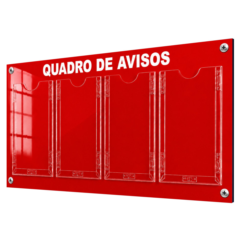 Quadro Aviso Gestão Á Vista Mural 4 Displays A4 ACM Vermelho
