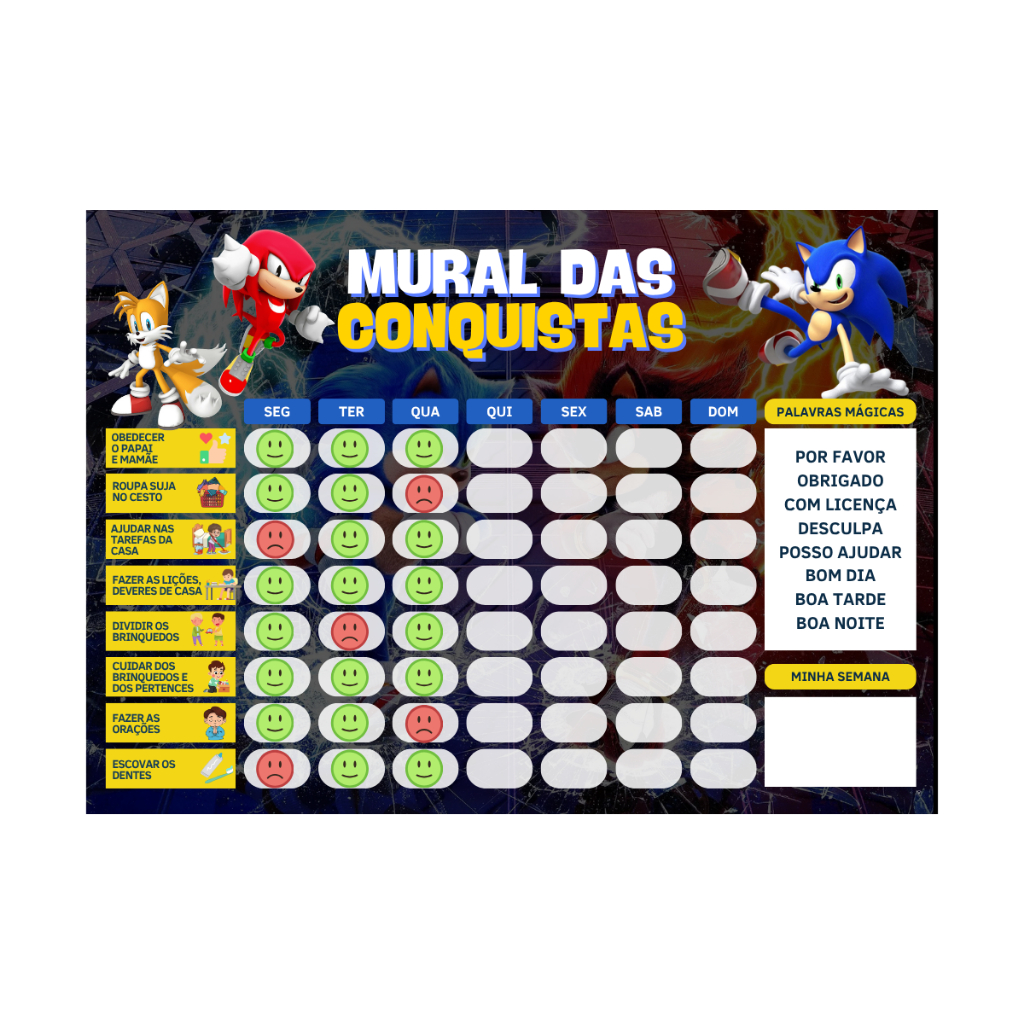 Quadro de Incentivo e Rotina Infantil Mural das Conquistas – Sonic 30x22 cm
