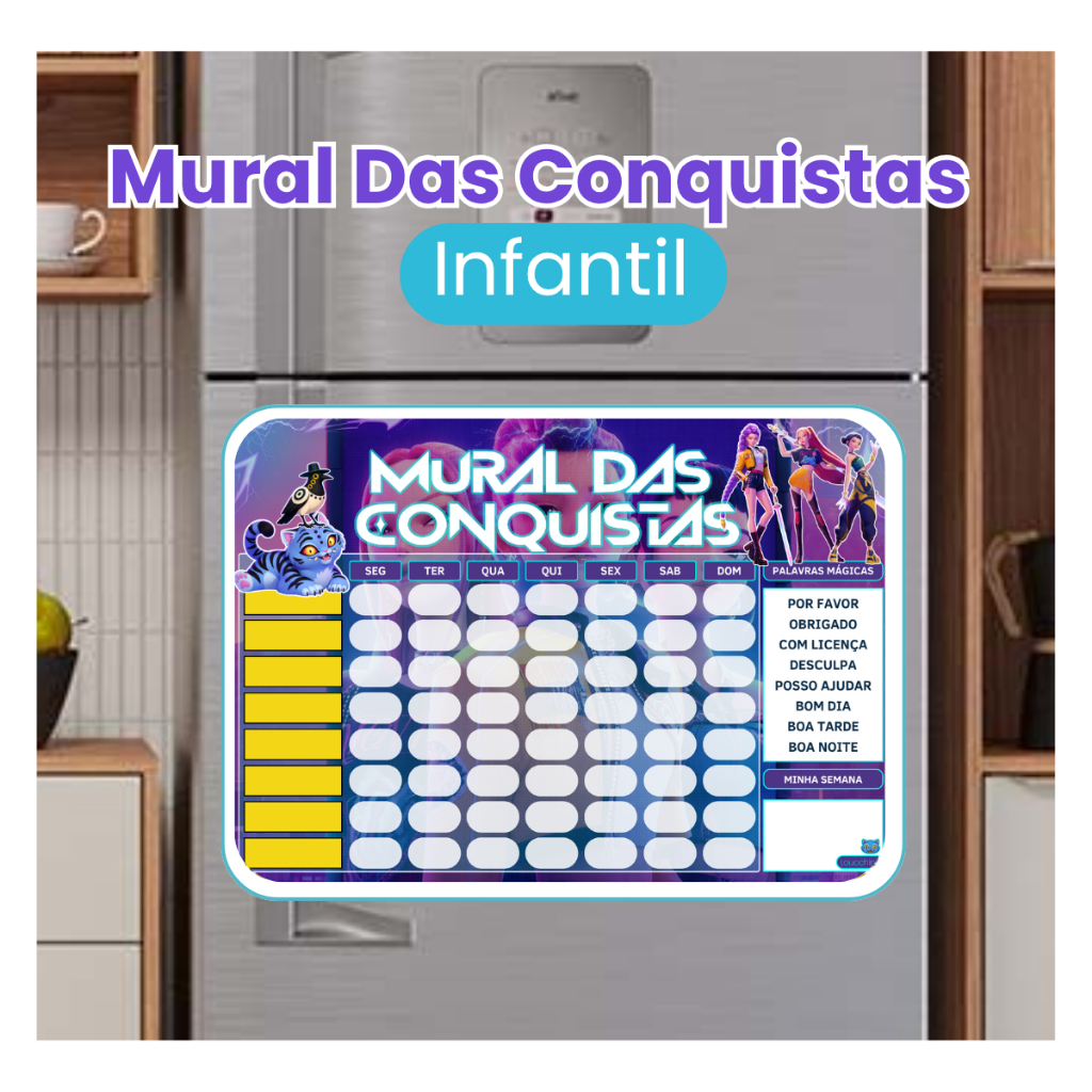 Mural das Conquistas Com tema Guerreiras Do K-Pop Quadro de Tarefas e Incentivo Diário Para Crianças