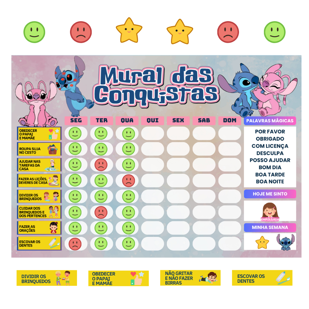 Mural Das Conquistas Rotina Infantil Lilo & Stitch Emoções Quadro de Rotina Criança