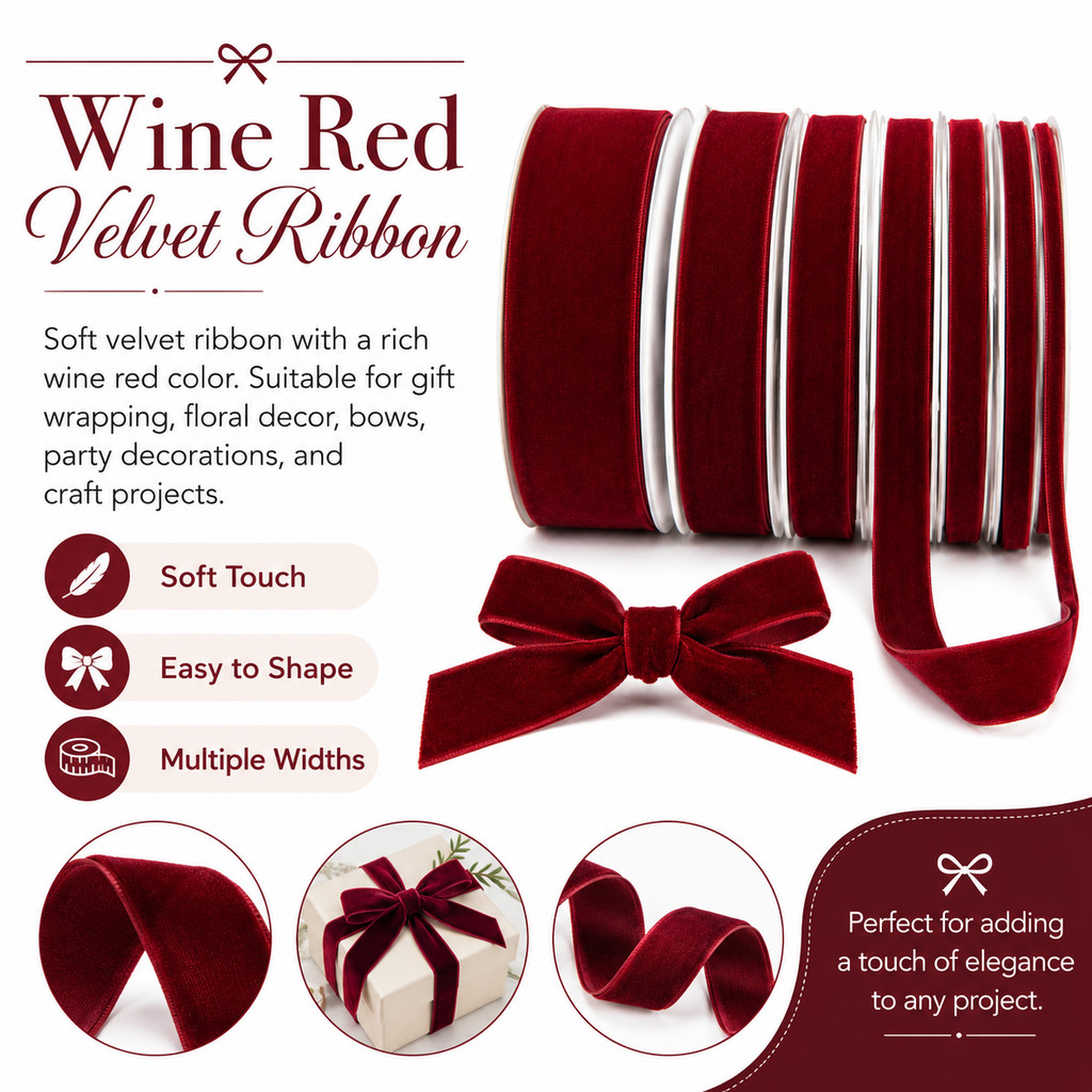 Wine Red Single-Sided Flocked Velvet Ribbon – Soft Velvet Gift Wrap Tape for Bouquet Bow Wedding Party DIY Crafts