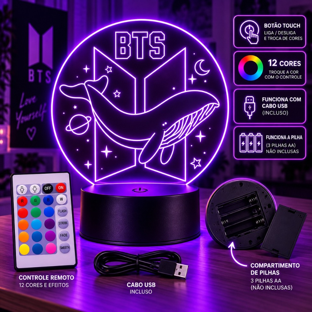 Abajur BTS Whale LED 3D 12 Cores Kpop com Controle Remoto