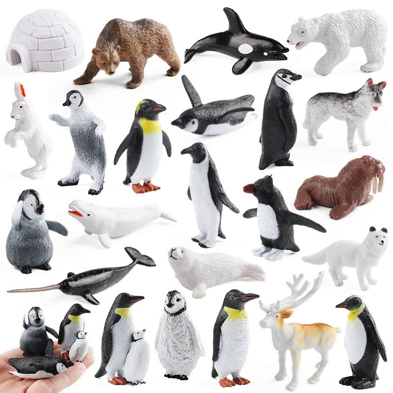Arctic Ocean Animals Figurines Set Poar Bear Penguin Fox Wolf Whale Model Action Figures Sea Scene Decoração Kid Educaçã