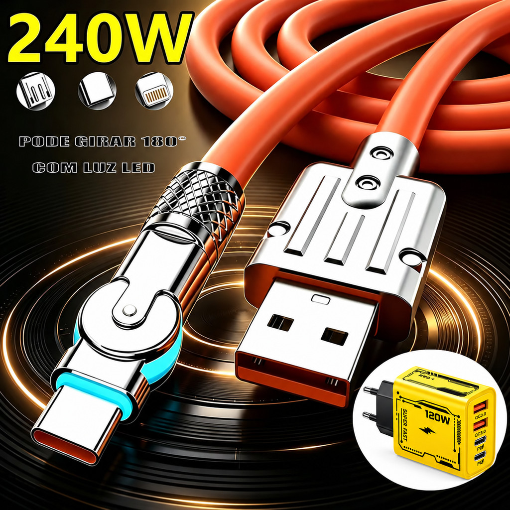 Cabo 240W Turbo Charge Tipo-C Micro USB Lightning V8 Rotativo 180° Trançado Carregamento Rápido e 3 Cores Disponíveis