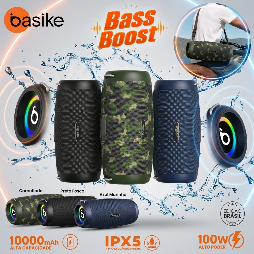 Caixa de Som Bluetooth Basike 100W, Portátil IPX5 à Prova d'Água, RGB, 10000mAh, TWS, Power Bank, 12H Bateria