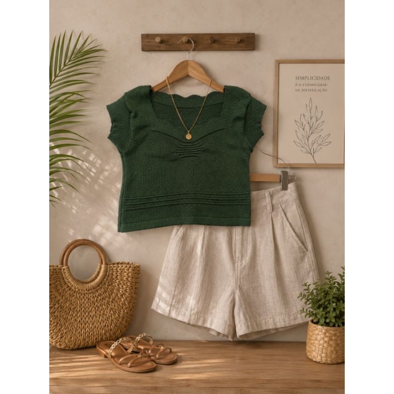 Cropped Tricô Feminino Verde Henry Malhas Decote Quadrado Manga Curta Tamanho M