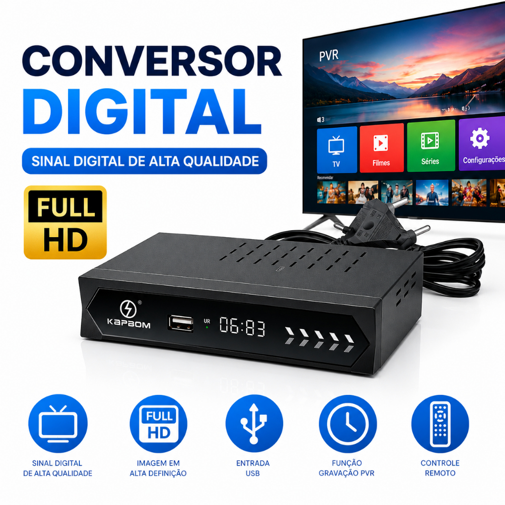 Conversor Digital Full HD HDMI USB PVR Com Gravador Receptor TV Digital ISDB-T Controle Remoto