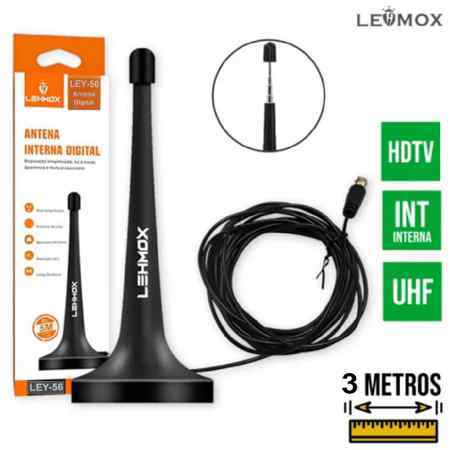 Antena Digital Interna Lehmox Compacta HDTV/UHF/VHF Cabo 3m Base Imã ISDB - LEY-56