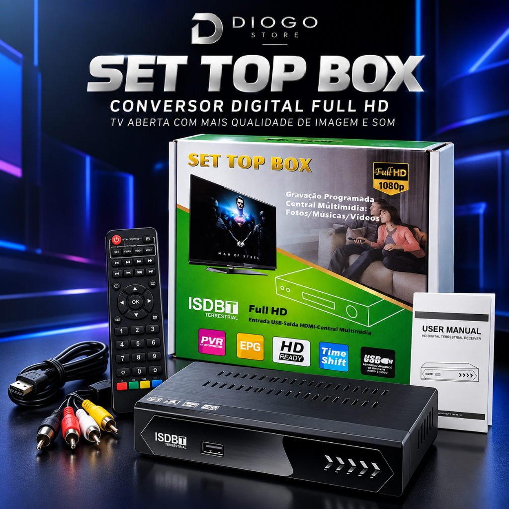 Conversor Digital para TV ISDB-T Full HD 1080p HDMI USB Gravador PVR EPG Time Shift Controle Remoto