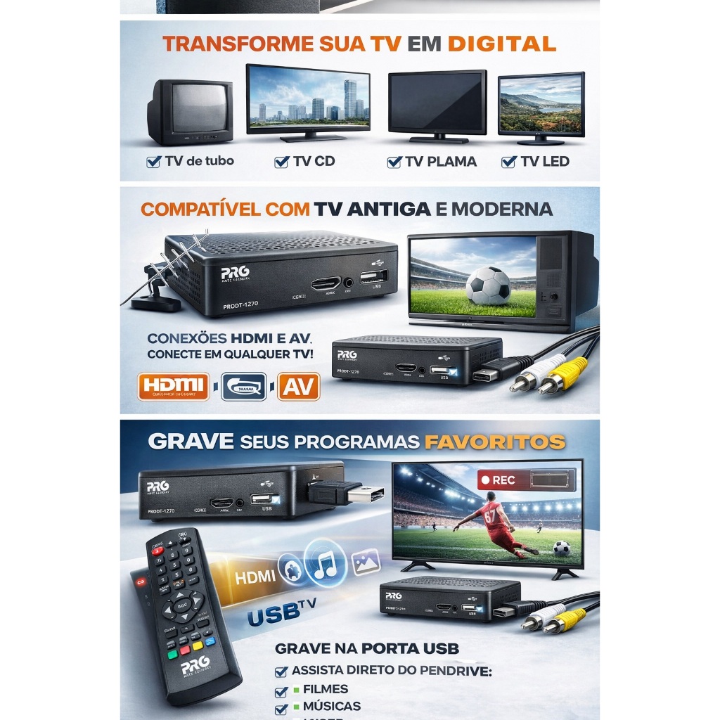 Conversor Digital TV HDMI USB Gravador Full HD ISDB-T PRO Eletronic PRODT-1270 Bivolt