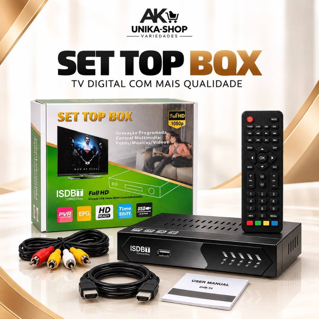 Conversor Digital Set Top Box ISDB-T Full HD 1080p HDMI USB RCA PVR EPG Time Shift com Controle Remoto