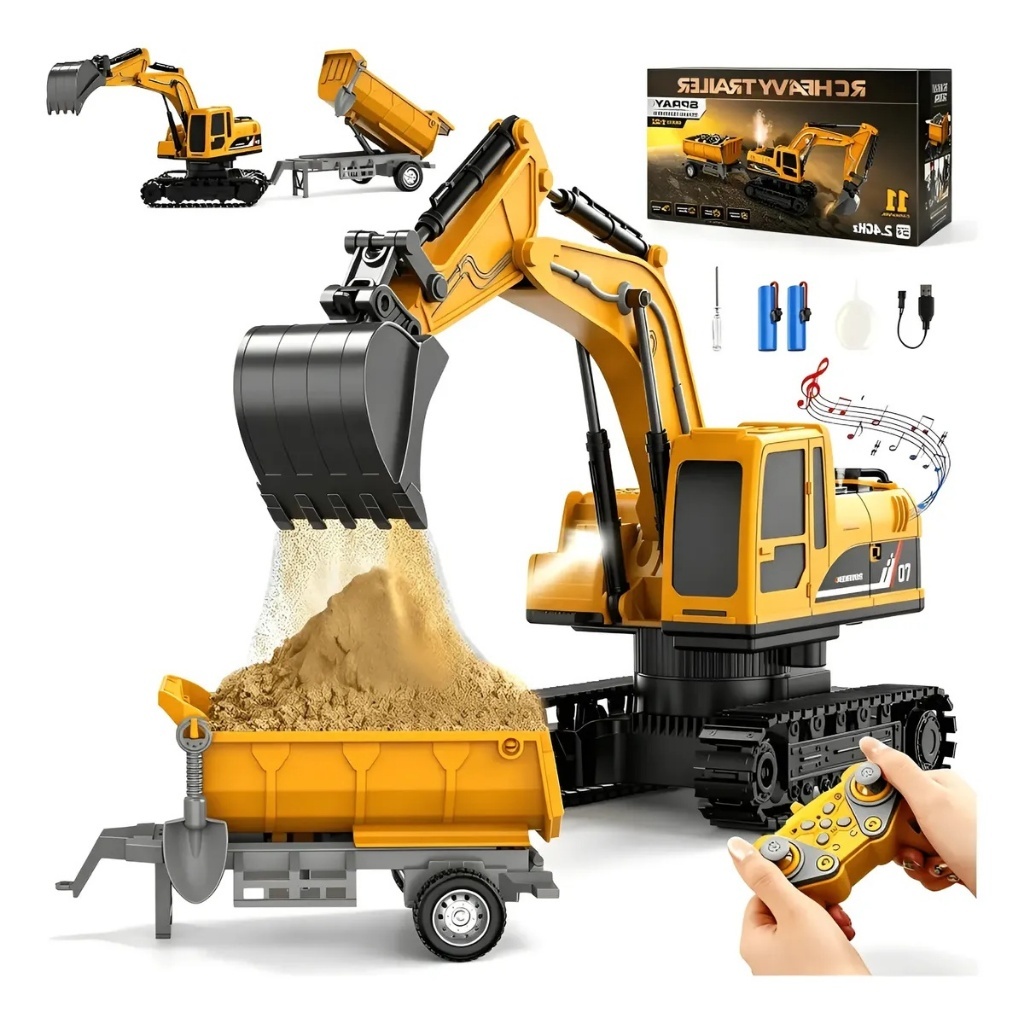 Remote Control Excavator Toys 2*Rechargeable Battery Alloy 11 Channel Simulation Light Music Rechargeable For Children