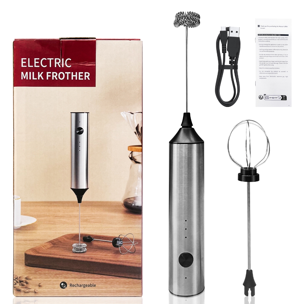 2-in-1 Portable Electric Coffee/Milk/Egg Mixer, 3 Speeds, Rechargeable Battery, Stainless Steel