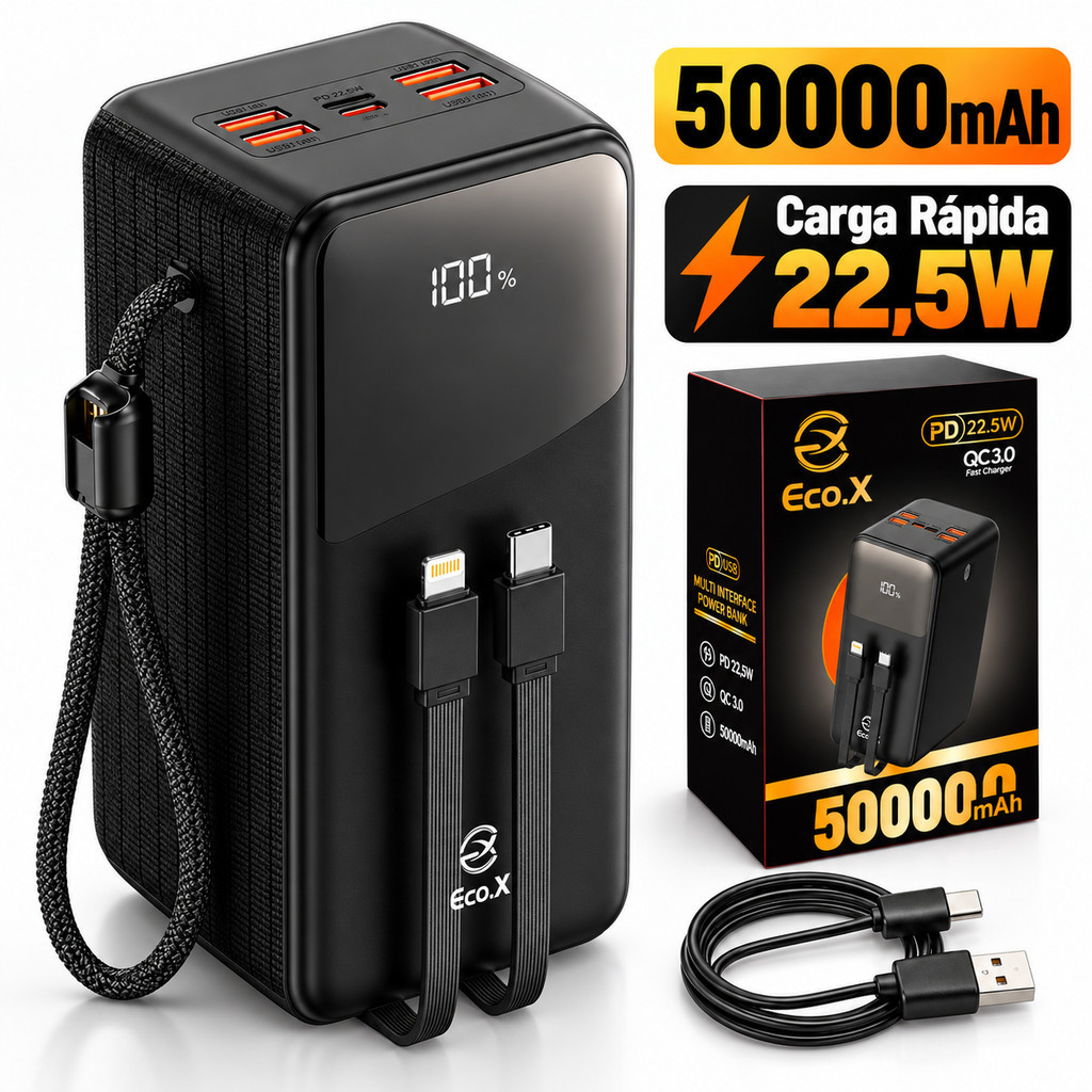 Power Bank 50000mAh 22.5W PD QC3.0 com Cabos Integrados e Display Digital para Celular
