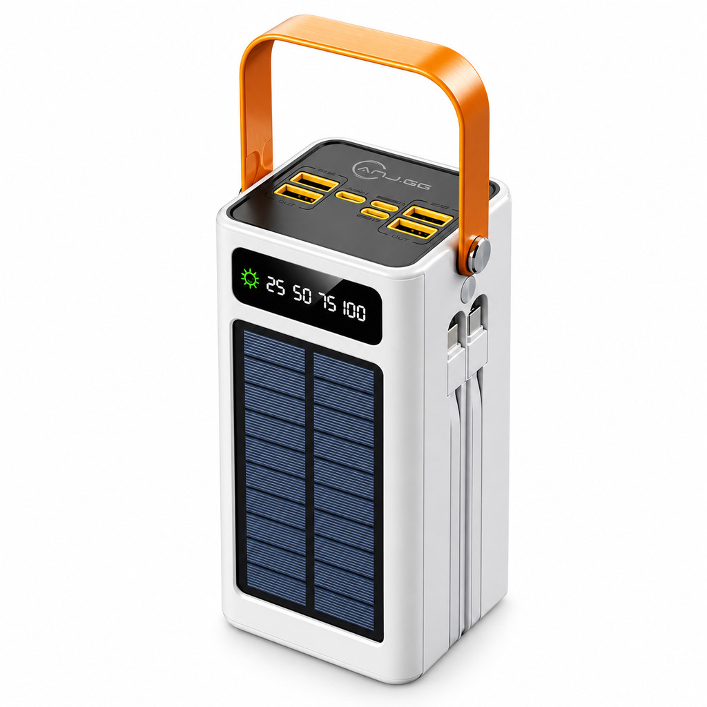 Power Bank Solar 50000mAh 4 Saídas USB 2 Cabos Embutidos Lanterna Display Digital