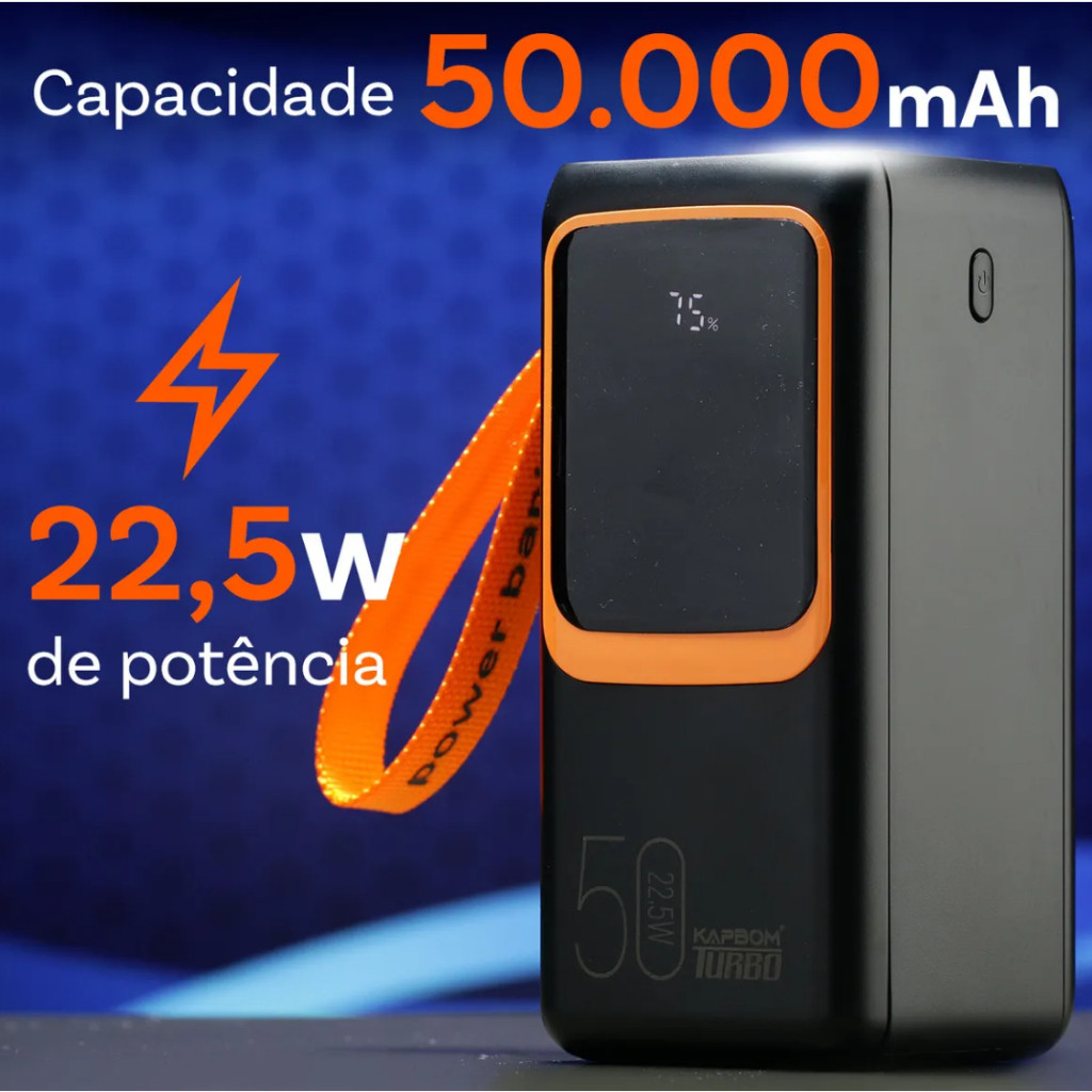 2026 Novo Carregador Portátil Power Bank Grande 50000mAh Turbo 22.5W PD Rápido Kapbom KA-9890