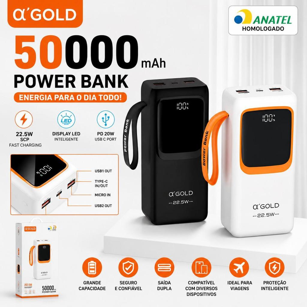 Power Bank Agold 50000mAh BTE-61 - PD 22.5W, Dois Cabos Inclusos e Display LED