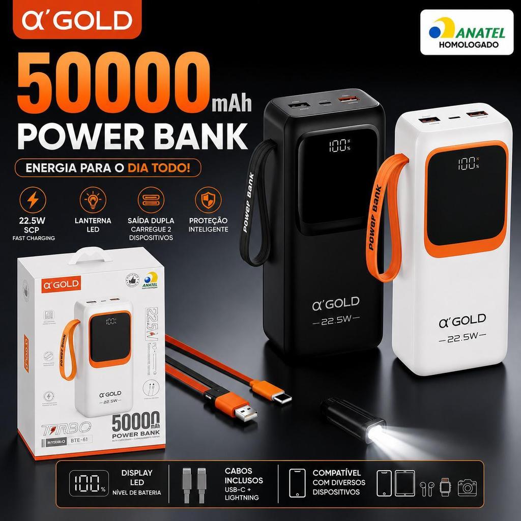 Power Bank Agold 50000mAh BTE-61 - Carregamento Rápido PD 22.5W, Com Cabos e Display LED