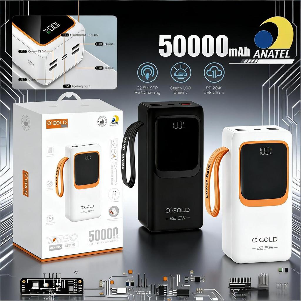 Power Bank A'Gold 50000mAh - Carregamento Rápido 22.5W PD e Luz LED | Para Celulares e Tablets BTE-61