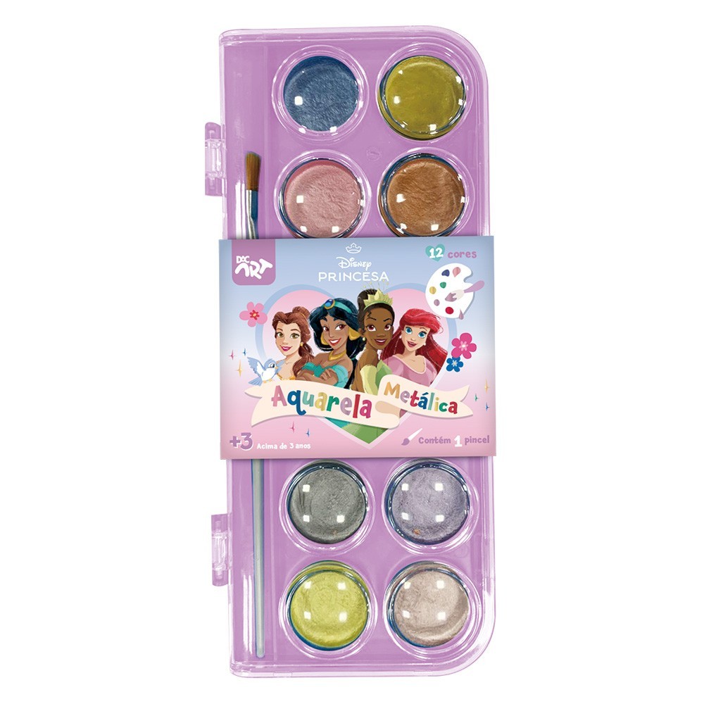 Paleta de Tinta Aquarela Metálica Princesas C/ 12 Cores -Dac