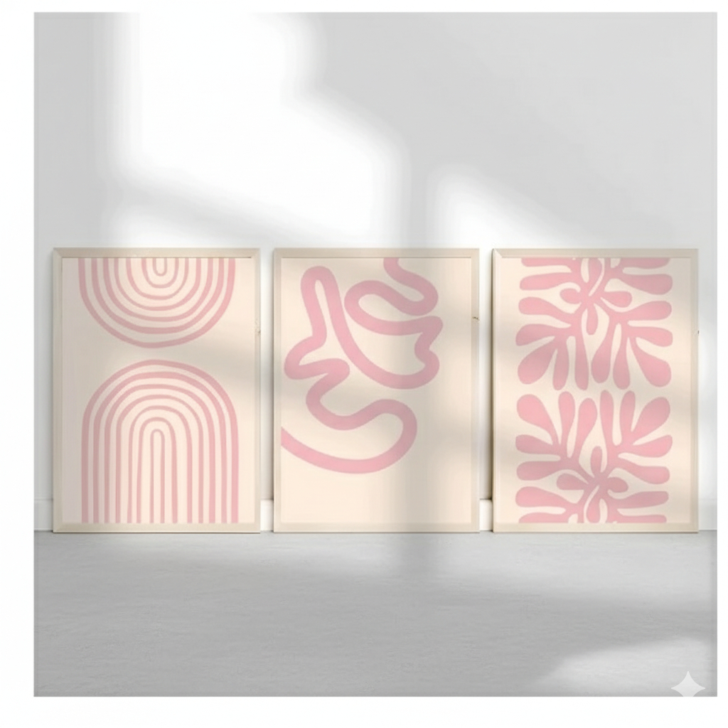Quadros decorativos Boho estilo abstrato parede poster, bege, rosa, cor neutra (3 peças)