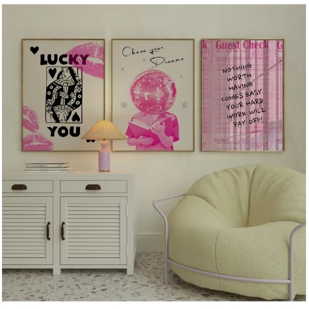 Quadros decorativos Moda colorida vanguardista cartaz rosa Carta beijo (3 peças)