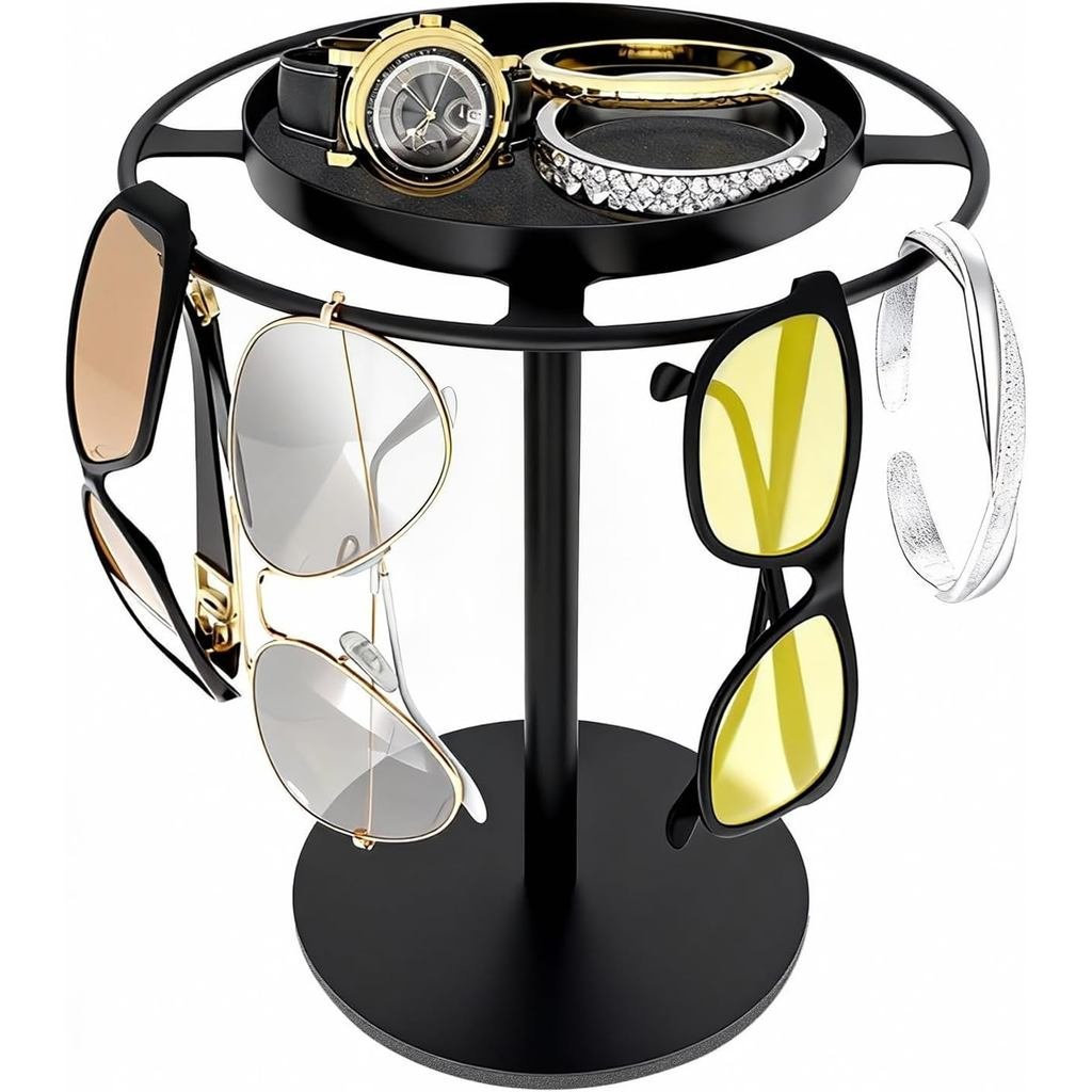 LSK Metal Sunglasses Organizer, Glasses Holder Stand with Storage Tray, Eyeglasses Holder with Anti-Slip Pads for Tablet