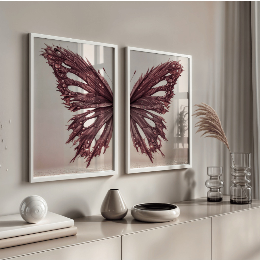 Kit 2 Quadros Decorativos Asas Douradas Borboleta Para Quarto Sala Casa Hall Com Moldura e Vidro