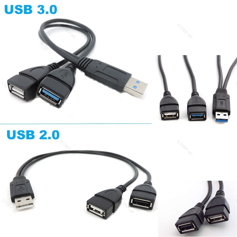 USB2.0 Macho Para 2 Duplo USB Fêmea Divisor 2.0 3.0 Extensão A-Y Cabo Conversor De Energia BR15B