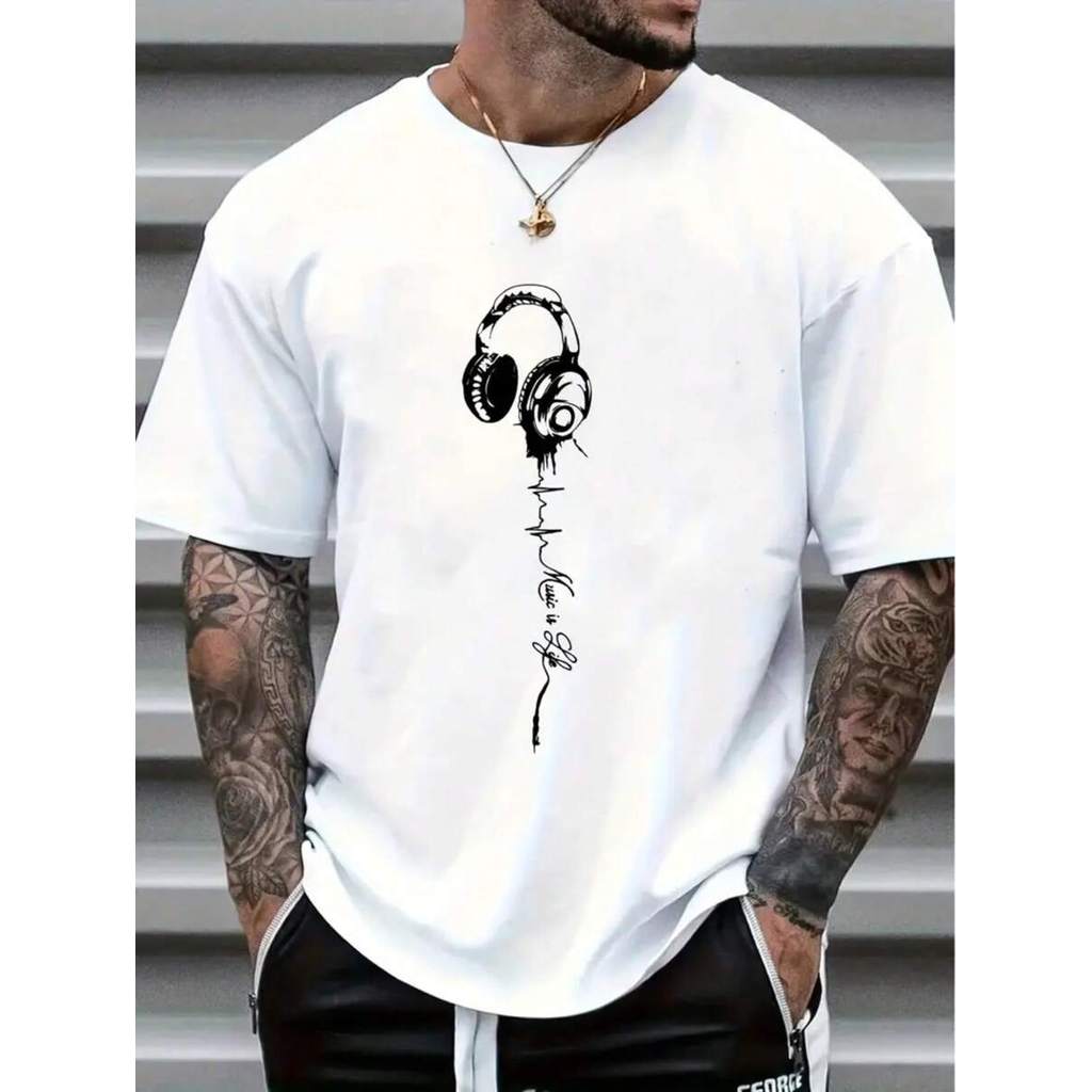 Camiseta Masculina Music is Life Estampa Musica com Fone Camisa 100% Algodão Malha Premium