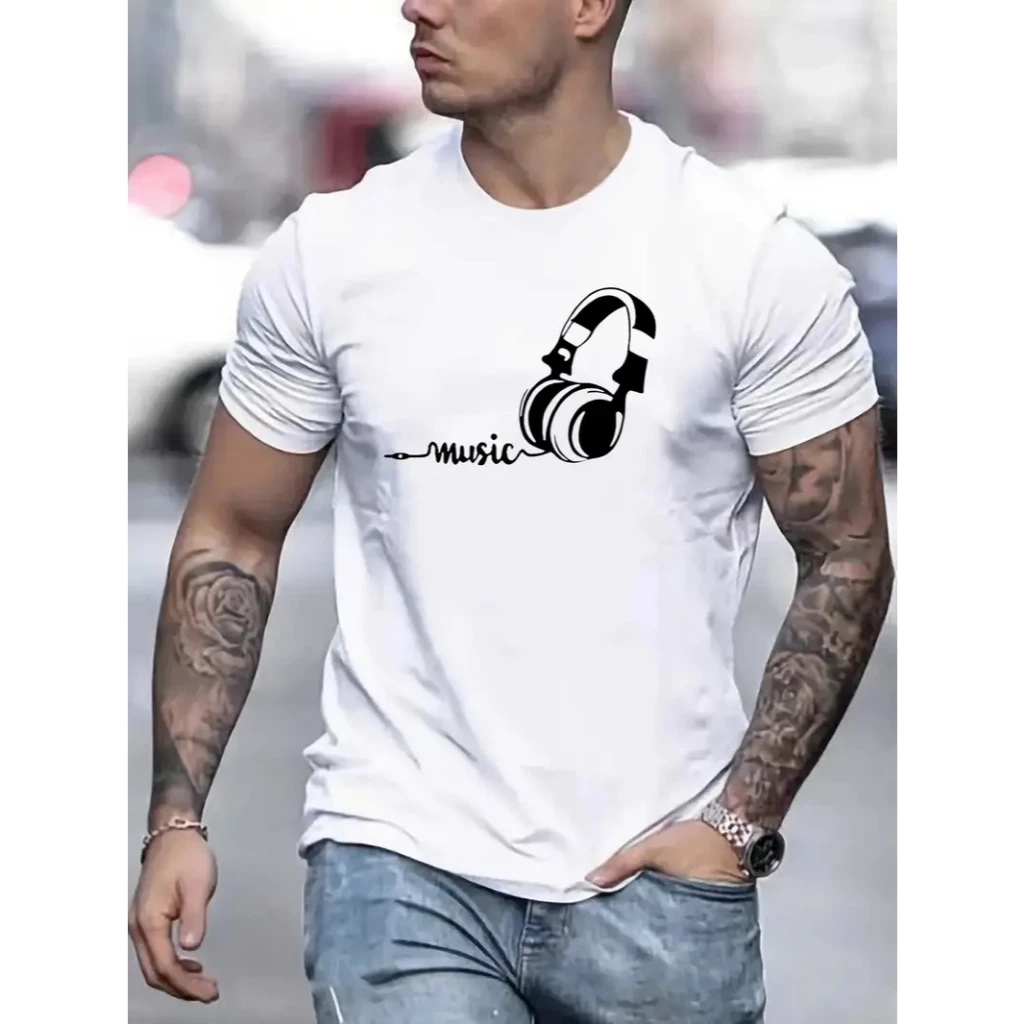 Camiseta Masculina Estampa Fone Escrito Music Camisa Casual Moderna
