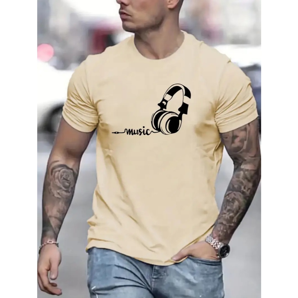 Camiseta Masculina Estampa Fone Escrito Music Camisa Basica Casual Dantaw'J