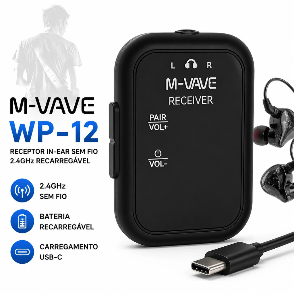 Receptor M-VAVE WP-12 para Monitor In-Ear Sem Fio 2.4GHz Recarregável USB-C