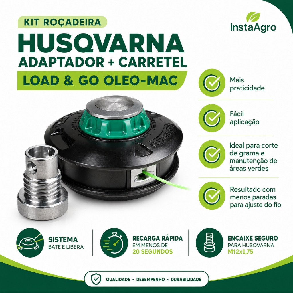 Kit Roçadeira Husqvarna Adaptador Carretel Load Go Oleo Mac 130mm Fio Nylon Automático