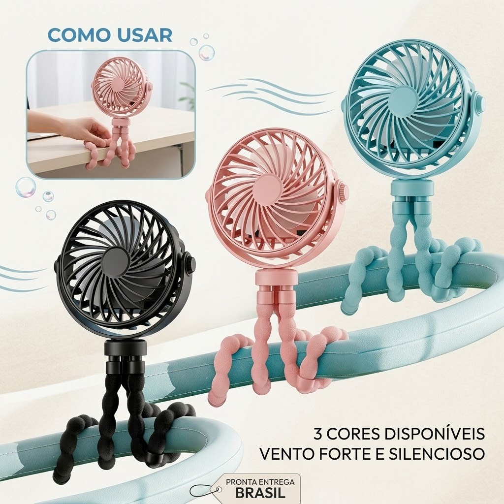 Mini Octopus Fan Portable USB Rechargeable Silent Foldable Adjustable Head 3 Speeds 360° for Baby Stroller Desk Travel