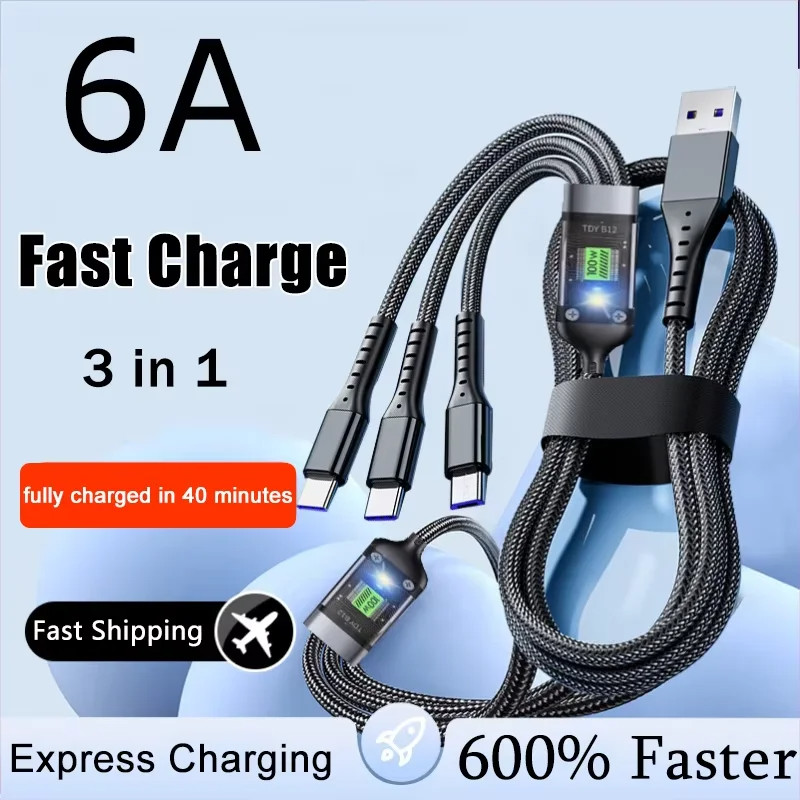 Cabo De Carregamento Super Rápido 3 Em 1 De 100 W Para Iphone 13 15 Samsung USB Typec Micro
